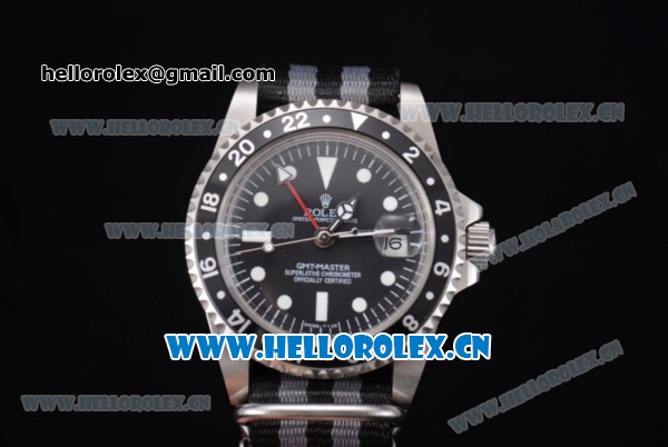 Rolex GMT-Master Asia 2813 Automatic Steel Case with Black Dial Black/Grey Nylon Strap and Dot Markers - Click Image to Close